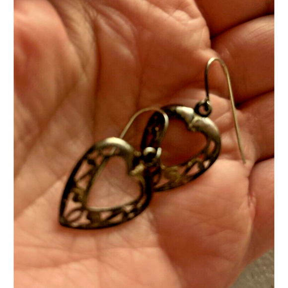 Sterling Silver 925 Cut Out Heart Vintage Dangle Earrings - Picture 9 of 9